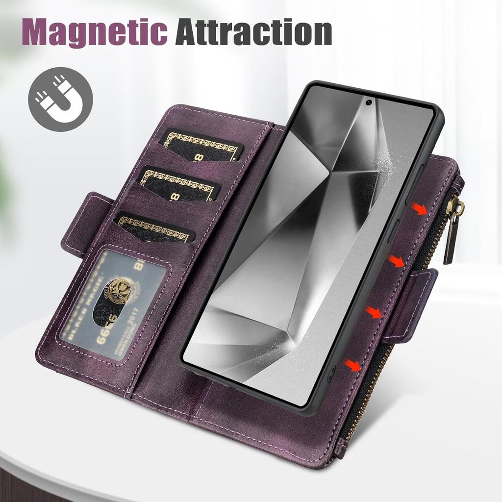 JGY Wallet Case for Samsung Galaxy S25 Ultra PU Leather Detachable Magnetic Wallet Case with Removable Minimalist Front Pocket 5 Card Holder Hand