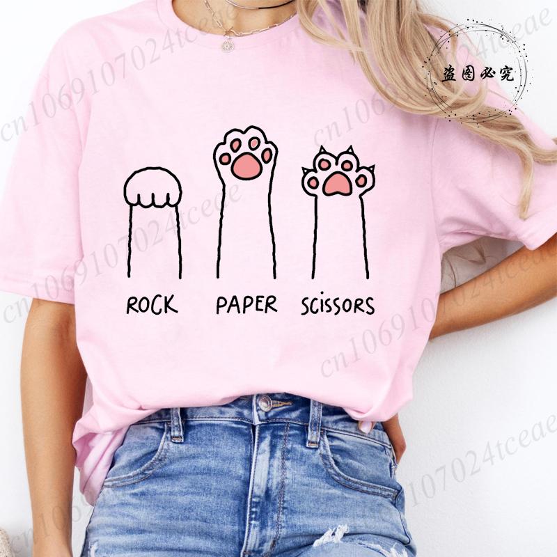 Rock Paper Scissors Tshirt Funny Cat Paw Print T-Shirt Summer Fashion Cat Lover Tshirt Women Men Short Sleeve Tee Shirt Clothing