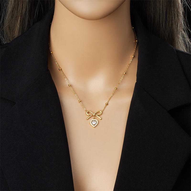 Gold Beaded Chain Necklace with Bow Heart Zircon Pendant, Dainty Choker for Women Jewelry Gift