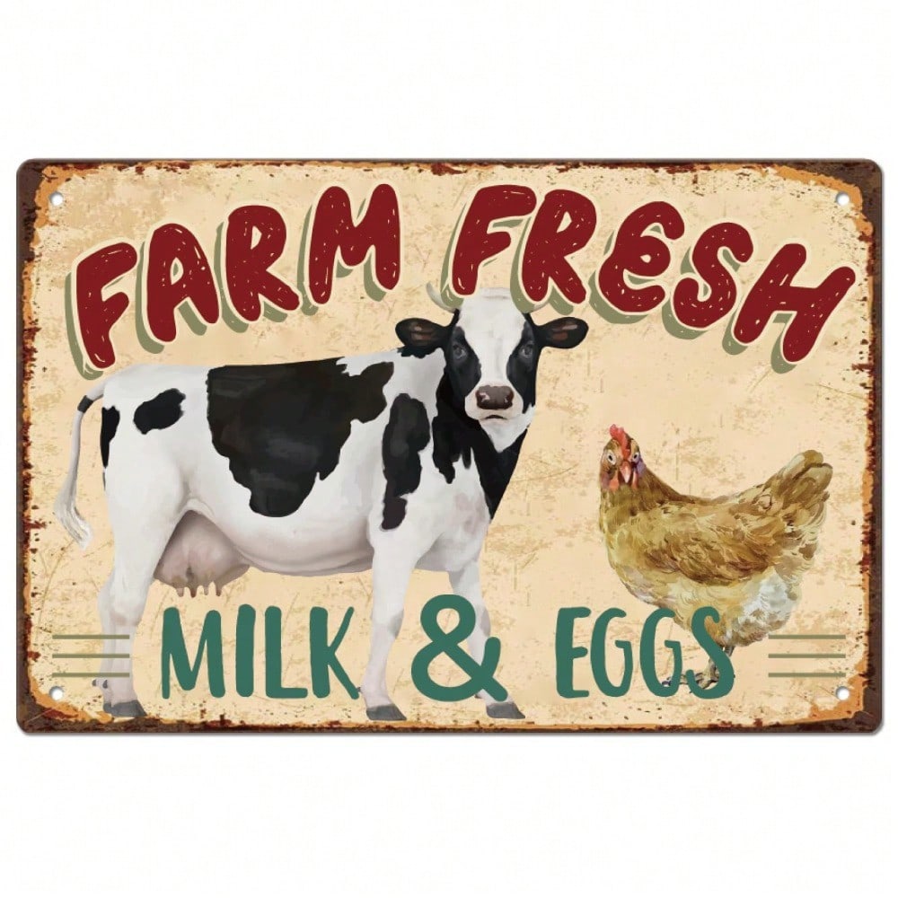 Farm Fresh Funny Vintage Metal Wall Poster Cow Chicken Retro Kitchen Decor
