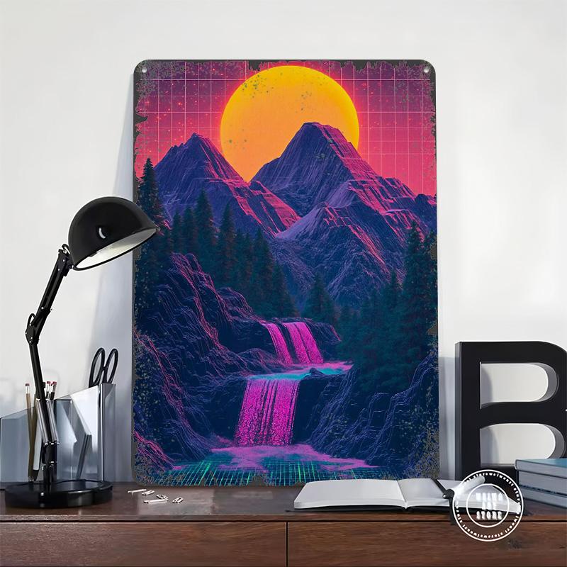 Retro Sunset Waterfall Printed Poster Customized Wall Art Retro Vintage Metal Tin Signs for Decoration Bedroom Decorations Decor