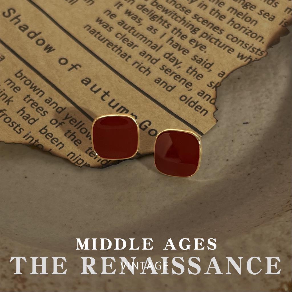 Vintage Burgundy Red Enamel Drop Earrings - Retro French Style Studs