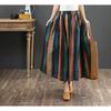 Qooth Women A Line Cotton Pleated Skirt Linen Stripes Wide Hem Mid Length Elastic Waist Skirt QT2651
