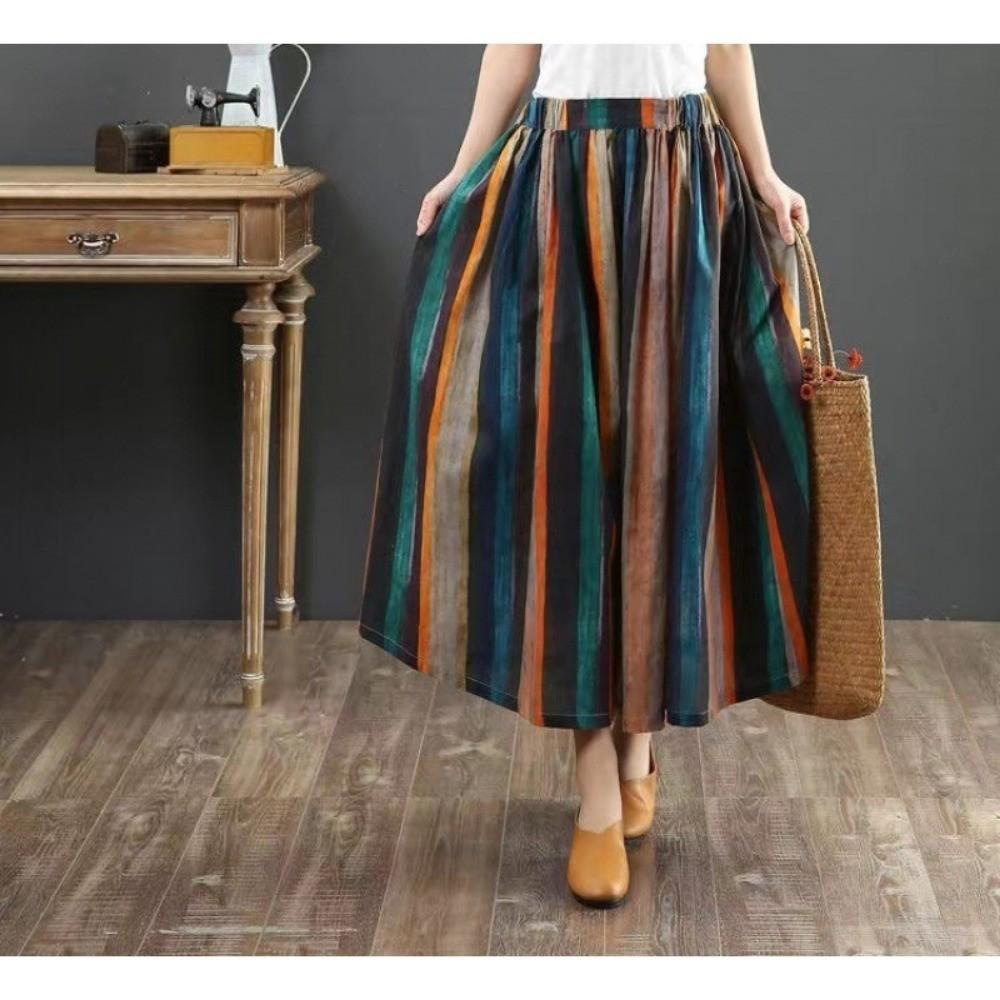 Qooth Women A Line Cotton Pleated Skirt Linen Stripes Wide Hem Mid Length Elastic Waist Skirt QT2651