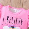 Girls 2 Piece Outfit 1-8Y Pink Unicorn Print T-Shirt with Shorts Set Kids Ruffle Sleeve Summer Clothing Sets