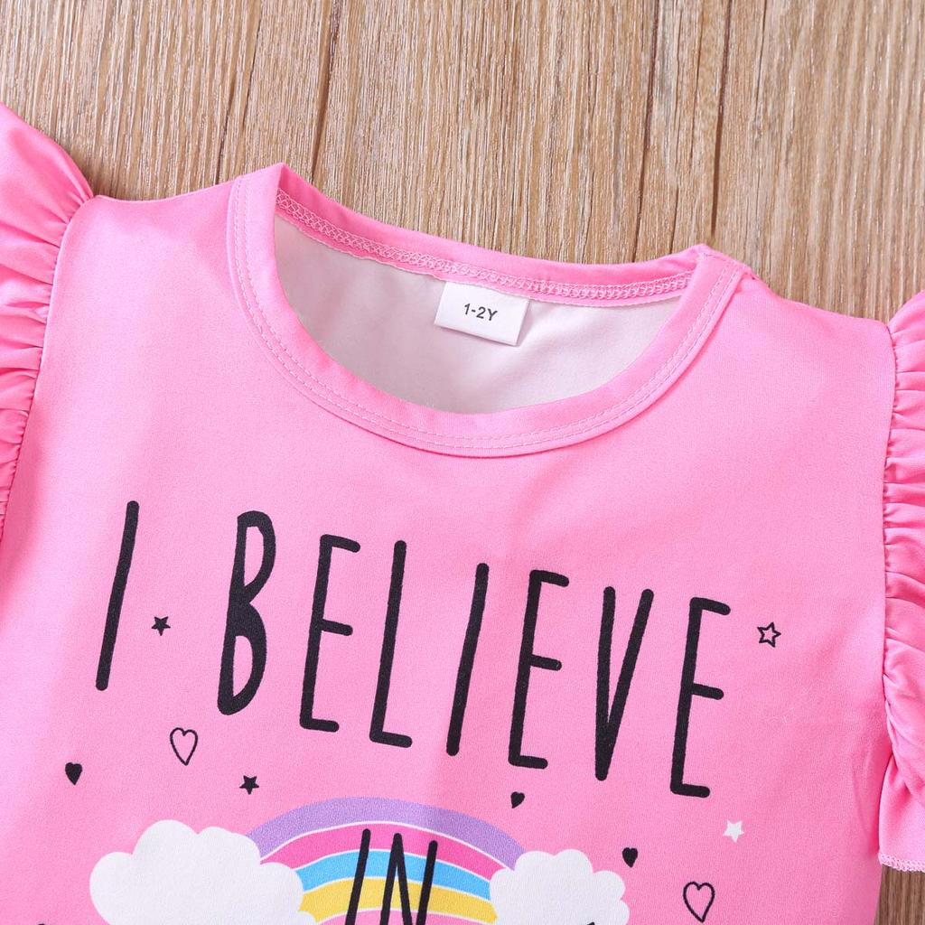 Girls 2 Piece Outfit 1-8Y Pink Unicorn Print T-Shirt with Shorts Set Kids Ruffle Sleeve Summer Clothing Sets