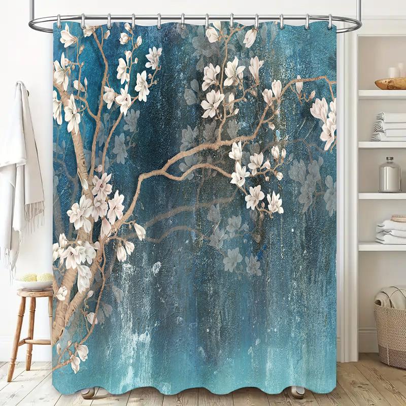 Vintage Blue Bath Curtain with Flowers Print for Modern Bathroom Decor Polyester Shower Curtains Set In Various Sizes