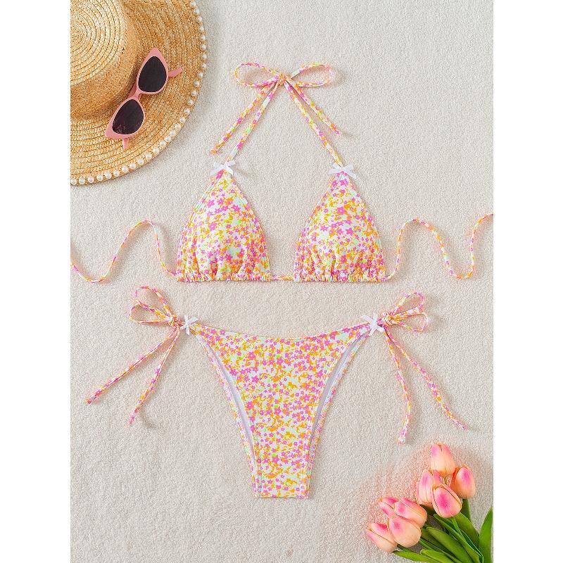 Women's Sexy Slim Fit Bikini Set, Tropical Print Halter Lace-up Triangle Swimsuit