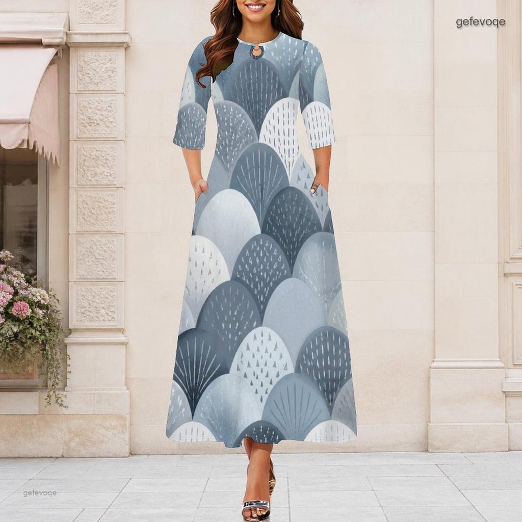 Women Plus Size Round Neck Keyhole 3 4 Sleeve Abstract Print Long Maxi Dress