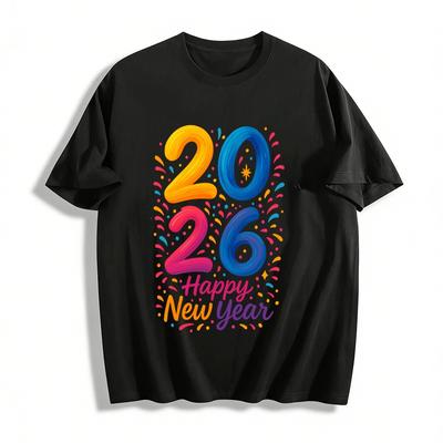 2026 Happy New Year Colorful Number Print Casual Versatile Top Pure Cotton T-shirt