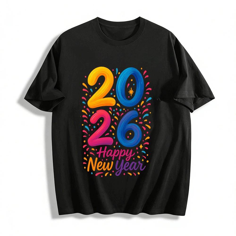 

2026 Happy New Year Colorful Number Print Casual Versatile Top Pure cotton T-shirt XXS