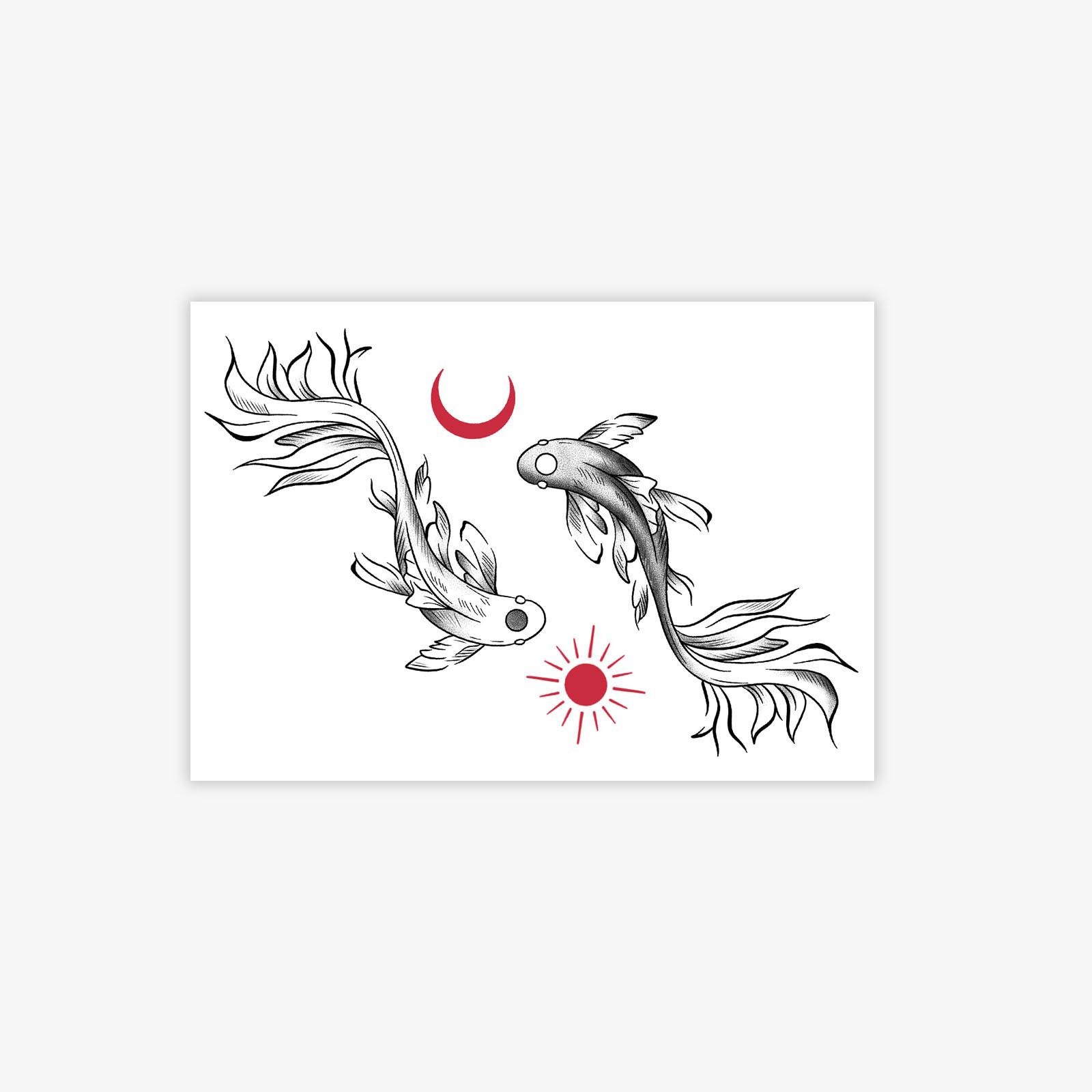 

High Value Small Fresh Sun And Moon Twin Koi Collarbone Tattoo Sticker 10*7