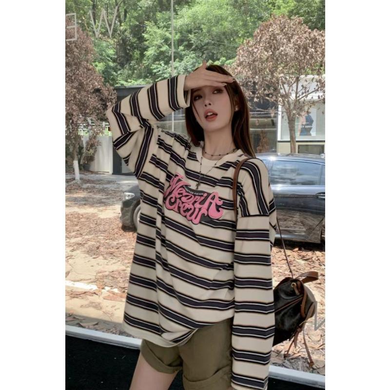 

Striped Women s New Autumn Style Loose and Versatile American Retro Bottoming Shirt with Right Shoulder Long-sleeved Top L