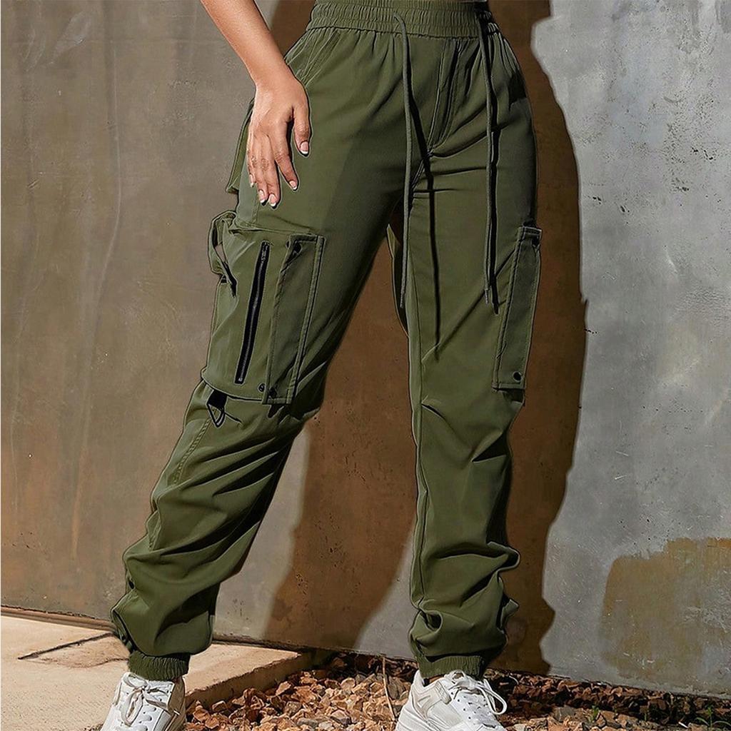 Women's Solid Color Work Pants, Sports Pants, Functional Pants, Pocket Drawstring Casual Pants