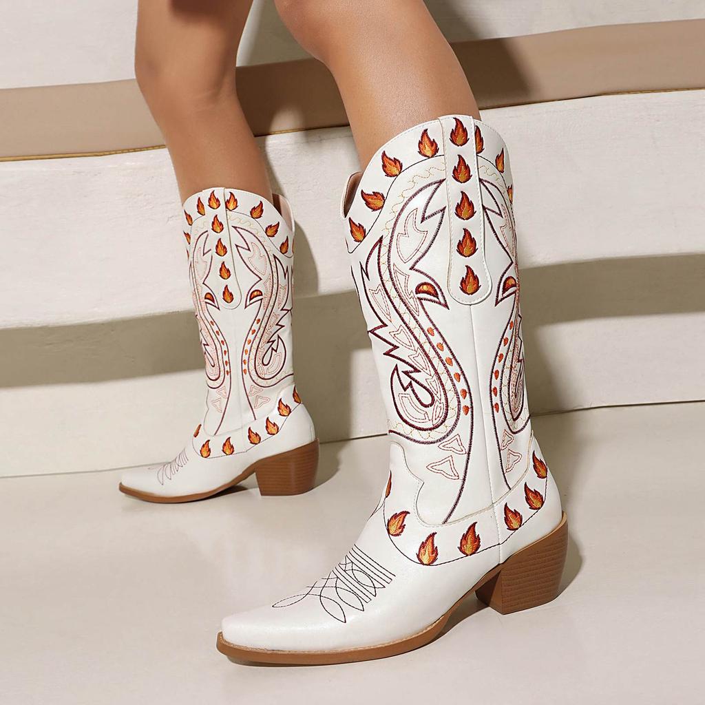 Krazing Po Polyurethane Winter Pointed Toe Western Boots Size 43 Sewing Embroidery Thick Heels Mid-calf Boots