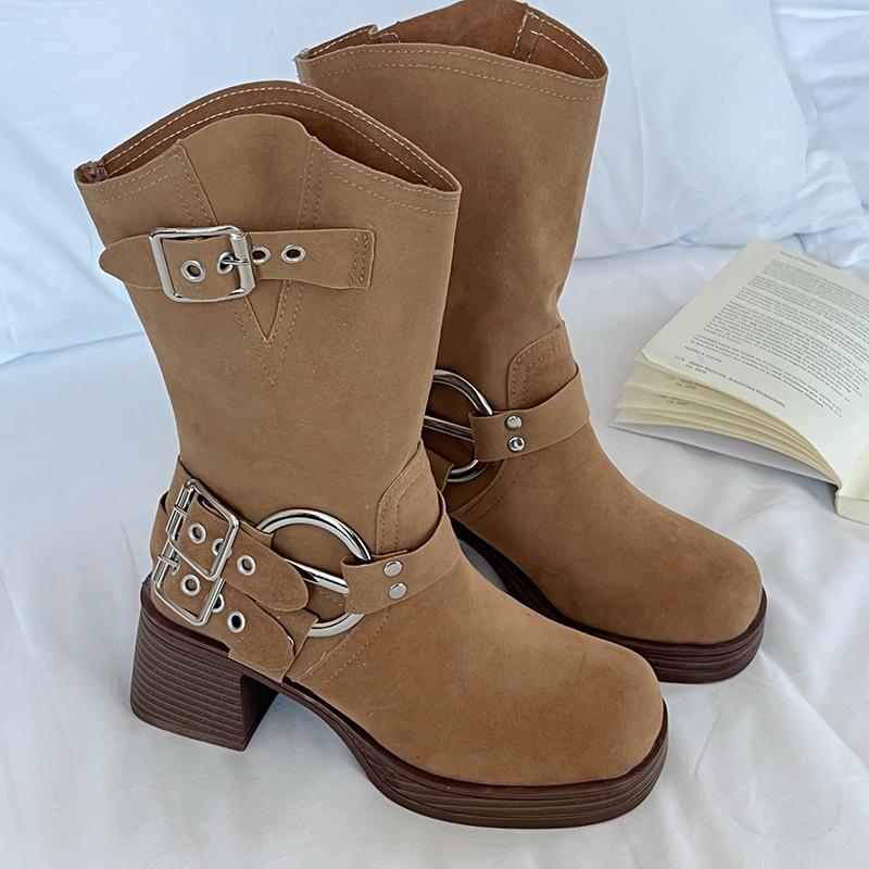 

Ретро женские ковбойские сапоги в стиле вестерн, модные ботильоны без застежек на коленях, осенне-зимняя женская обувь на высоком каблуке 2024 35