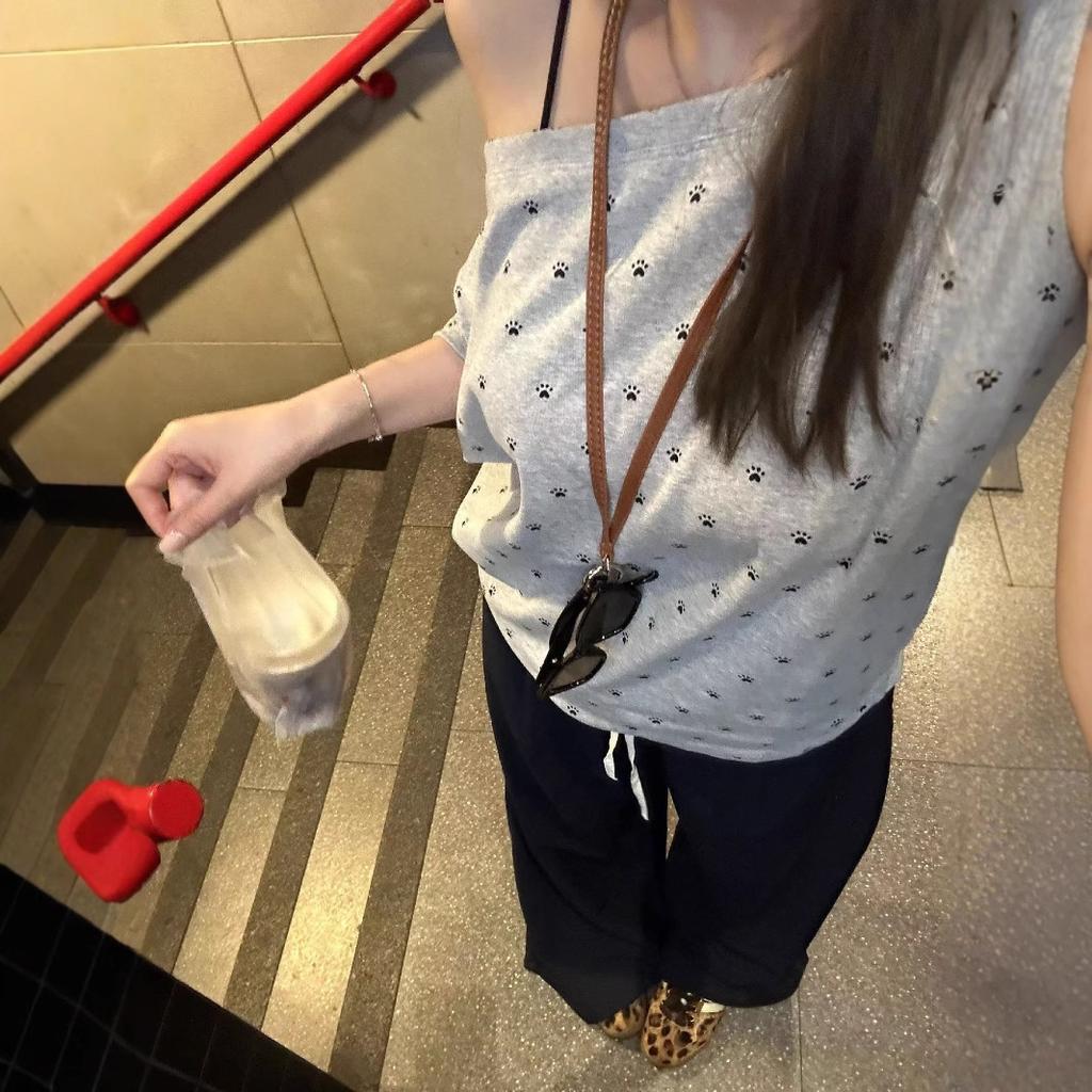 Dog Paw Full Print One-word Slanted Shoulder Short-sleeved T-shirt Women's Summer New Design Sense Niche Chic Sweet and Spicy Top