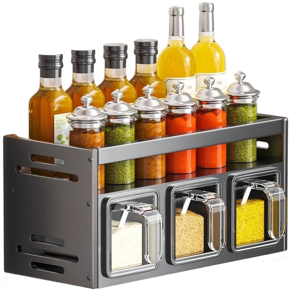 

24-40cm Spice Rack Seasoning Rack No-Drill Installation Multi-Compartment Adjustable Spacing Wall Mount Rack Kitchen Organizer