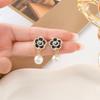 Silver Needle Pearl Camellia Earrings Black Earrings Small Fragrant Retro French Flowers