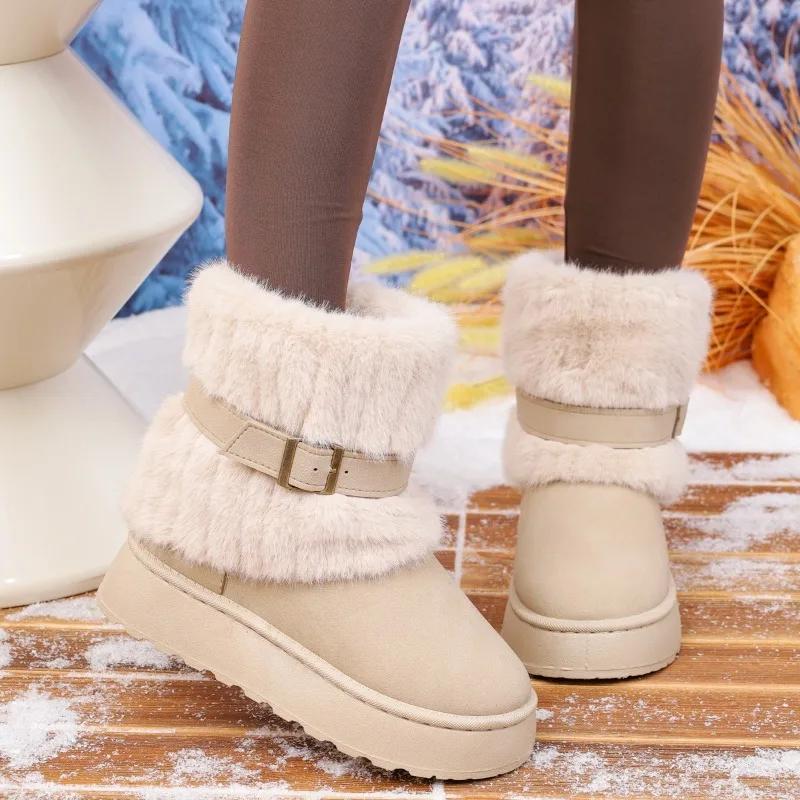 2026 Winter New Short Plush Thick-soled Women's Snow Boots Metal Belt Buckle Ankle Boots Fluffy Furry Women's Cotton Shoes