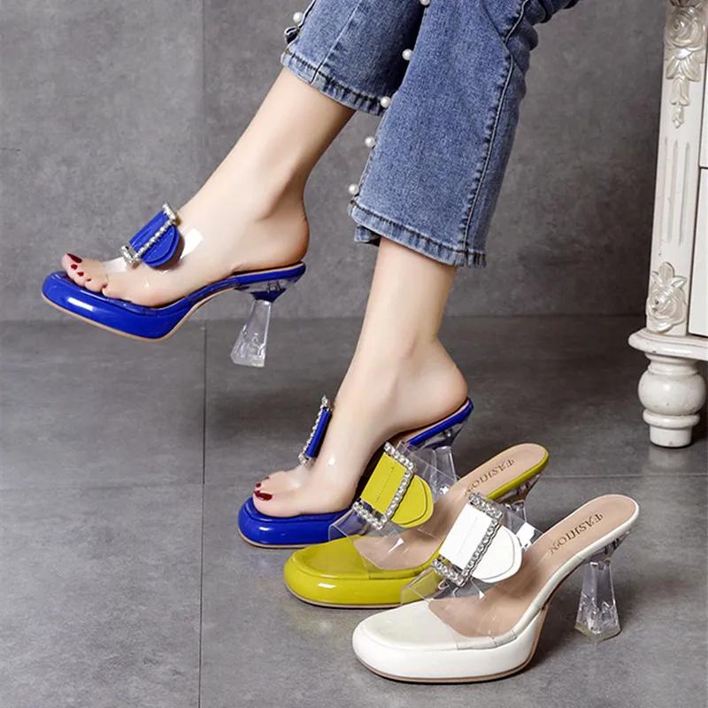 Fashion Clear Rhinestone Metal Buckle Slippers Women Fashion Transparent PVC  Design Slide Sandals  2025 Summer Sexy Platform Slippers