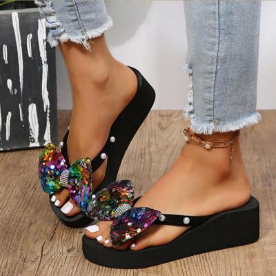 Women Sandals Fashionable New Pattern Bow Sequin Wedge Open Toe Breathable Lightweight Comfortable Summer Slippers Women Sandal