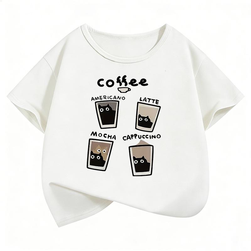 Coffee Cat Graphic Kids Tshirts Summer Short Sleeve Tees Cartoon Boys Girls Clothes Kawaii Tops Y2K Children Tshirt