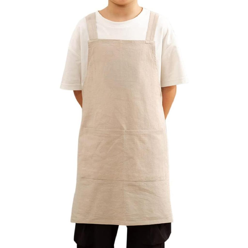 Kids Cotton Cross Back Aprons Children Chef Pure Child Apron with 2 Pockets for Baking Painting Cooking
