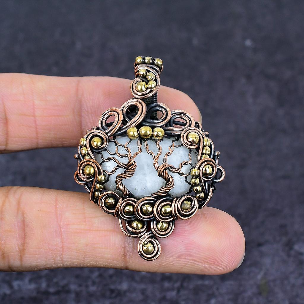 Natural Moonstone Gemstone Handmade Copper Wire Wrap Jewelry Pendant 2.05" A1a13