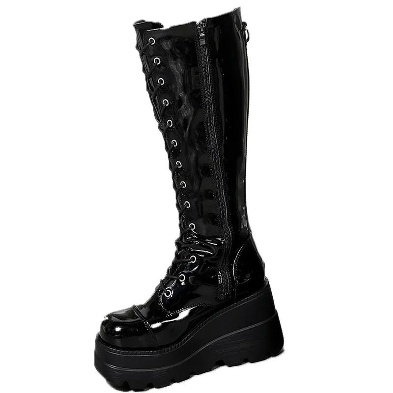 Fashion Winter High Heels Chain Chelsea Boots Platform Knee High Women Luxury Shoes Fashion New Trend Lace Up Wedges Zipper Boots