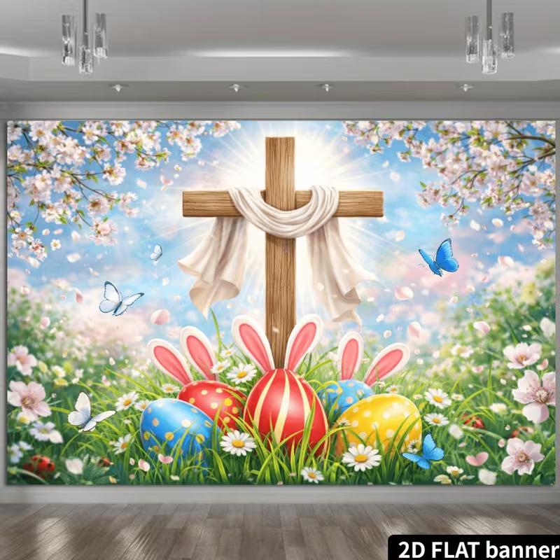 2D Flat Printing Resurrection Cross with Bunny Ears and Cherry Blossoms Backdrop