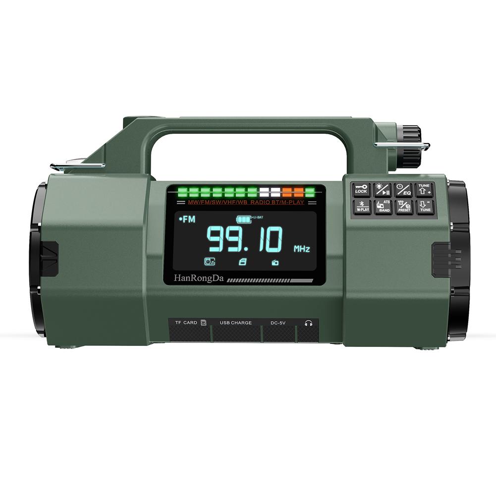 

Радіо з ручним заводом, аварійне радіо FM/MW/SW/VHF/WB, радіо на сонячній батареї з SOS-сигналом, світлодіодним ліхтариком, BT-динаміком для дому та вулиці зелений