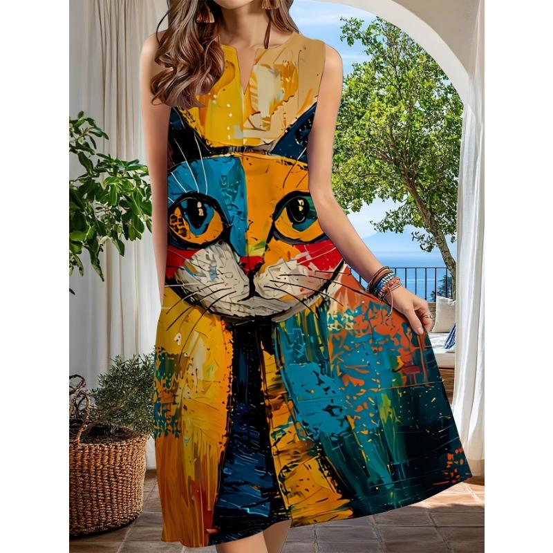 Ärmelloses V-Ausschnitt-Kleid für Damen mit künstlerischem Katzen-Grafikdruck, Lässiges Midi-Kleid für den Sommer, Strandurlaub & Tägliches Tragen