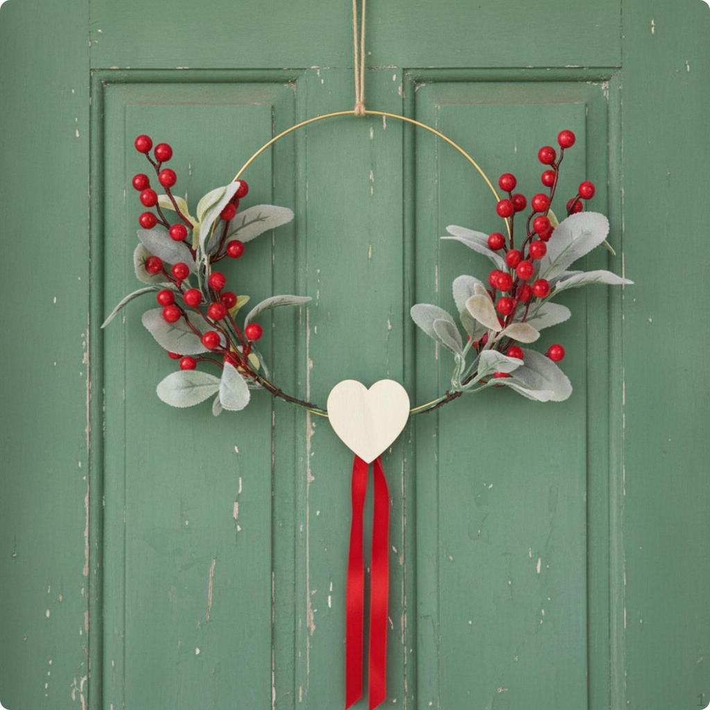 Wreath with Heart Ornament Faux Foliage Hanging Loop Decor for Door, Entryway,