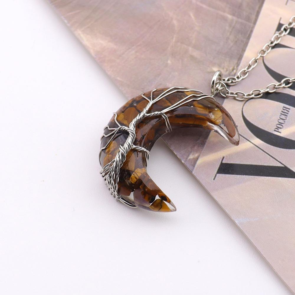 Chakela Natural Crystal Gravel Resin Winding Tree Of Life Moon Pendant Crescent Necklace N755