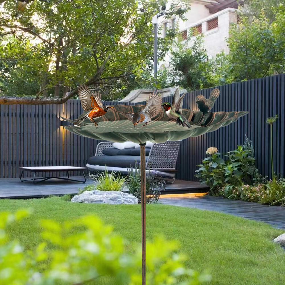 Outdoor Bird Bath Cast Iron Leaf-Shaped Water Bowl Balcony Garden Decoration Metal Bird Statue E5W6
