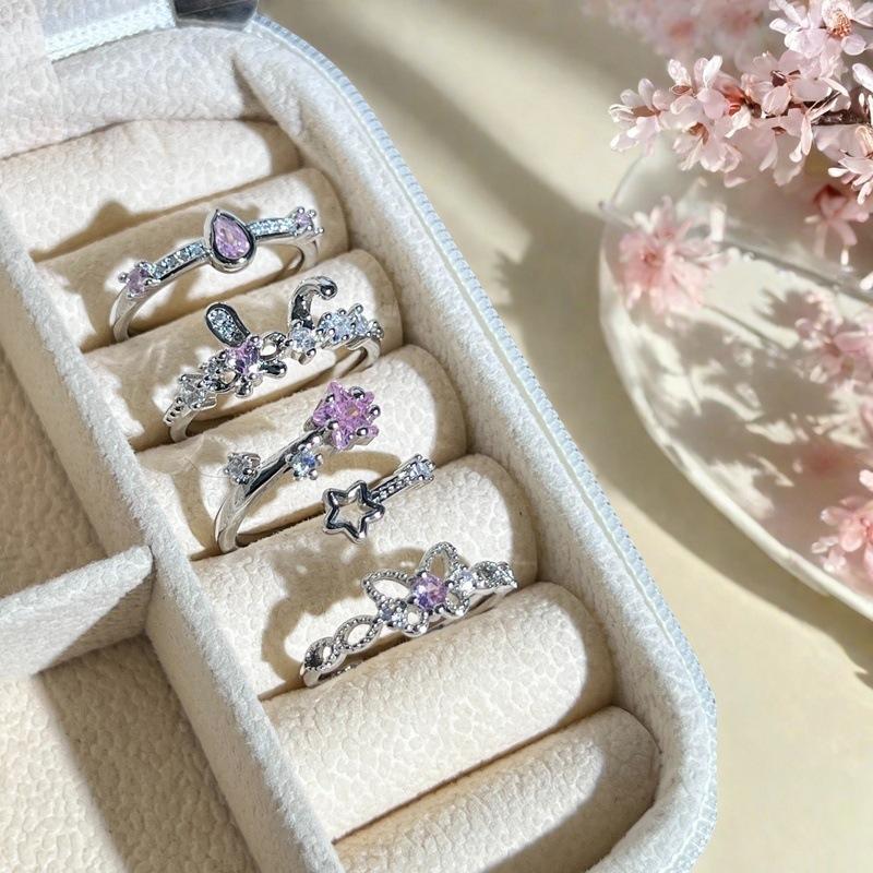 Sweet Pink Zircon Water Drop Star Opening Ring Small Fresh Light Luxury High Sense Simple Niche Ring