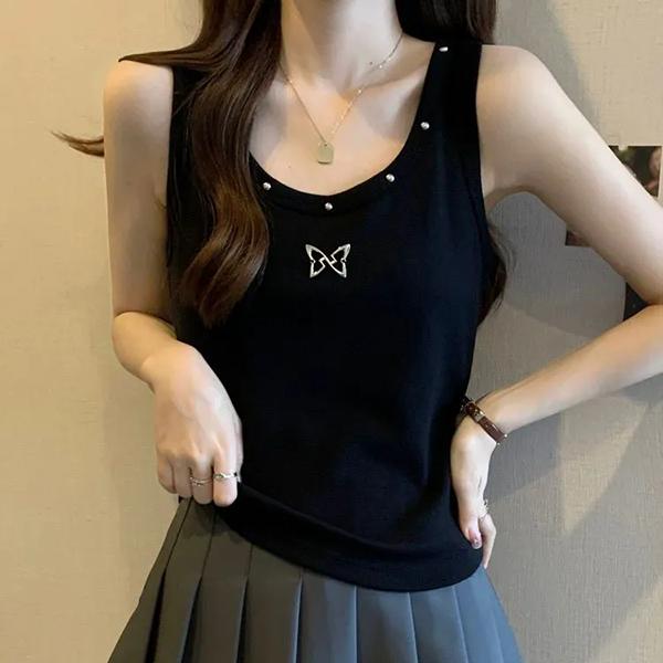 WTEMPO 2PCS Women's Spring Summer Large Size Black Casual Camisole Vests Autumn Versatile O-Neck Sleeveless Knitted Tank Tops