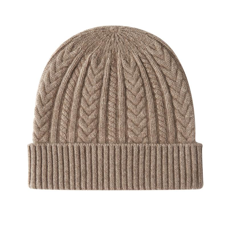 Cashmere Autumn and Winter New Women's High End Solid Color Wheat Cable Outdoor Fashion Cuffed Casual Knitted Hat