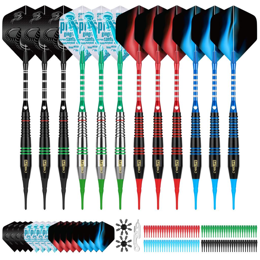 Cyeelife Darts Plastic Tips, Soft Tip Darts Set, 12 Pieces 18g, 4 Colors, High-Quality Aluminum Shank, 100 Extra Dart Tips, 16 Darts, 2 Electronic Dar
