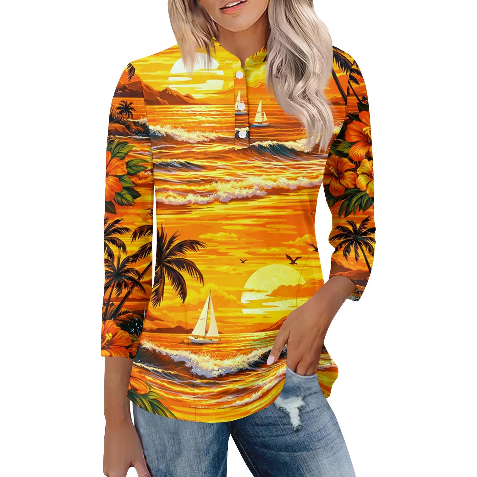 

Women s Casual Polo Collar Shirt Loose Fit Three Quarter Sleeve Top Lightweight Comfortable Fabric Suitable for Daily Wear and Outdoor Activities XL жовтий