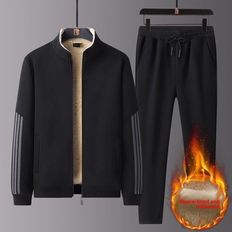 Middle-aged and Elderly Men's Warm Sweatshirt Set Winter Fleece Lined Thickened Sports Jacket Dad's Winter Outfit Lamb Wool Two-piece Set