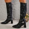 Mode Bottes à Talons Super Hauts Femme Vintage Bout Pointu Noir Bleu Mi-Mollet Femme Détor Strass Botas Lady