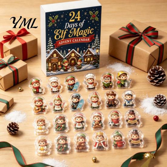Winter Village Theme Gift Box Magic Elf Advent Calendar, 24 Day Acrylic 2D Ornament Set with Christmas Ornaments Cute Mini Figures, Tree Hanging