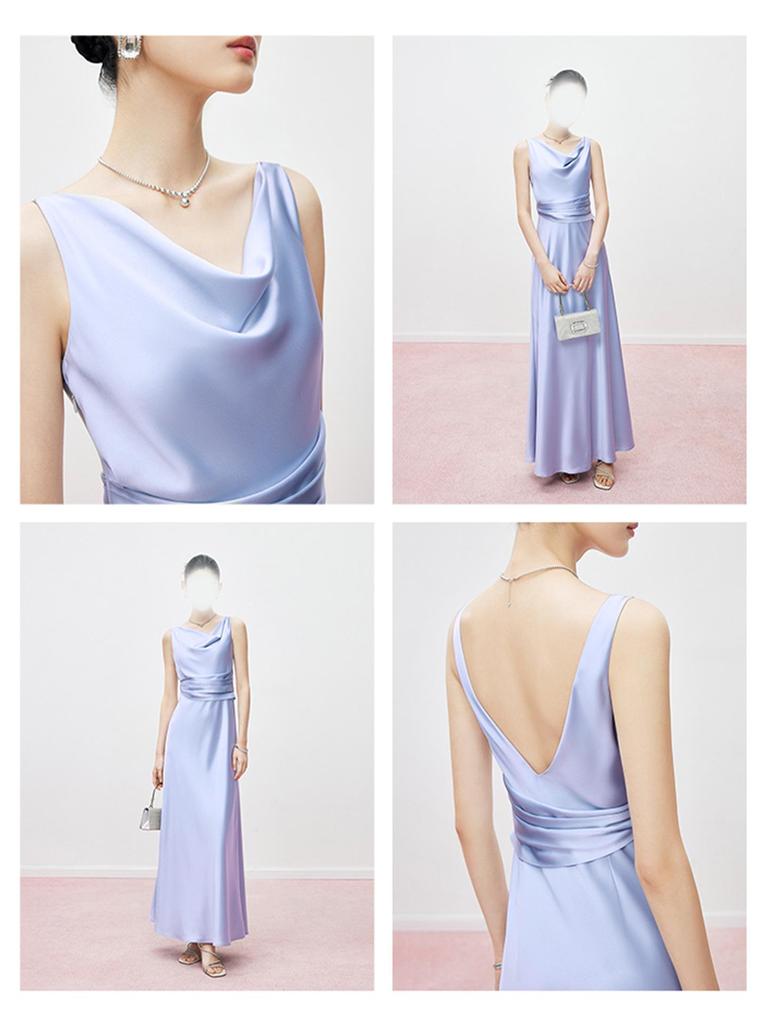 High-End Acetate Glossy Swing Collar Dress: Summer Socialite Style with Pleated Waist-Cinching and Luxe Texture.