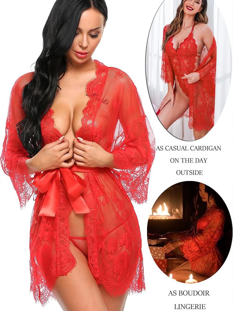 New Sexy Lace Transparent Ruffles Robe Women Lingerie See-Through Babydolls Underwear Sleepwear Night Dress Erotic Sex Clothes