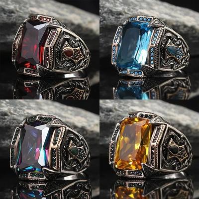 Retro Turkish Handmade Men Rings Vintage Carved Pattern Red/Blue/Rainbow Zircon Rings Rock Punk Islamic Muslim Wedding Jewelry