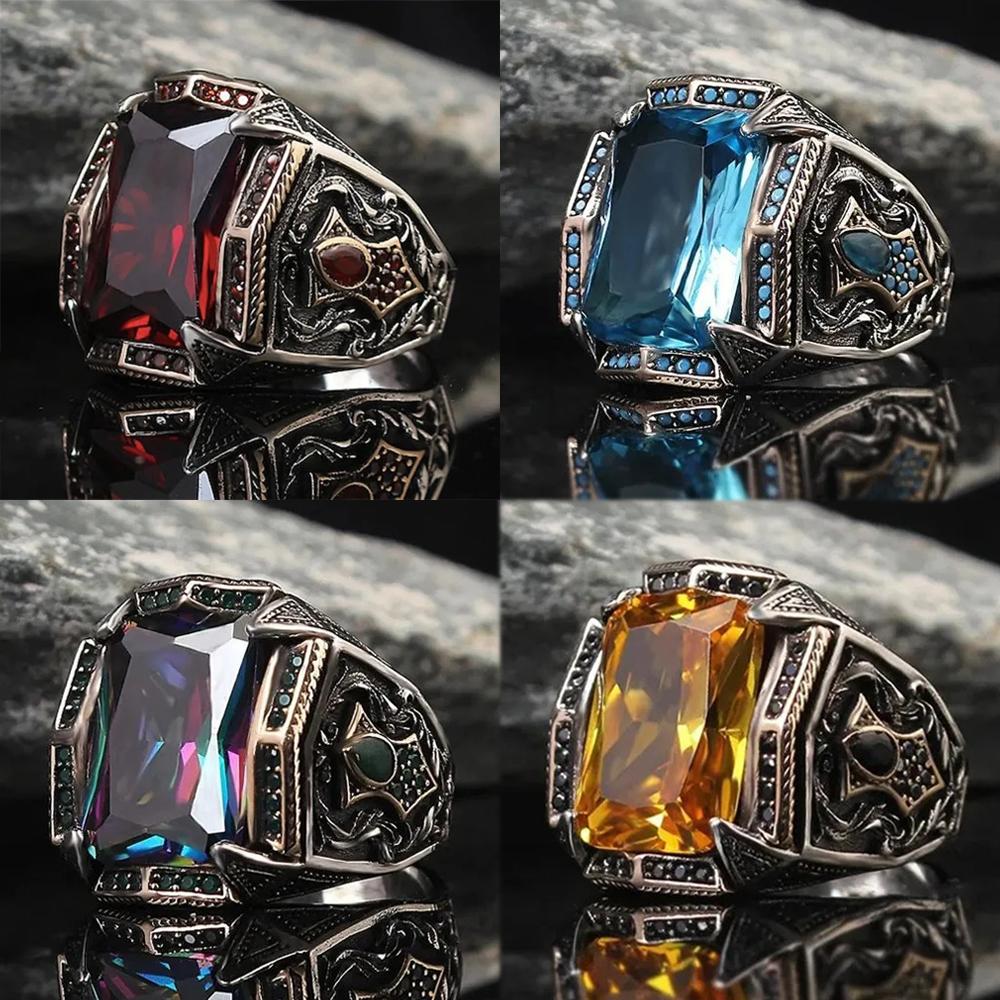 Anelli Uomo Fatti a Mano Turchi Retrò con Intaglio Vintage Zirconi Rossi/Blu/Arcobaleno Anelli Rock Punk Gioielli da Matrimonio Islamici Musulmani