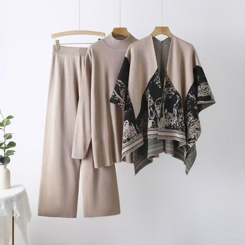 Damen Strick Casual Mode Set: Herbst/Winter Lockeres Pullover-, Hosen- und Schal-Dreiteiler-Set