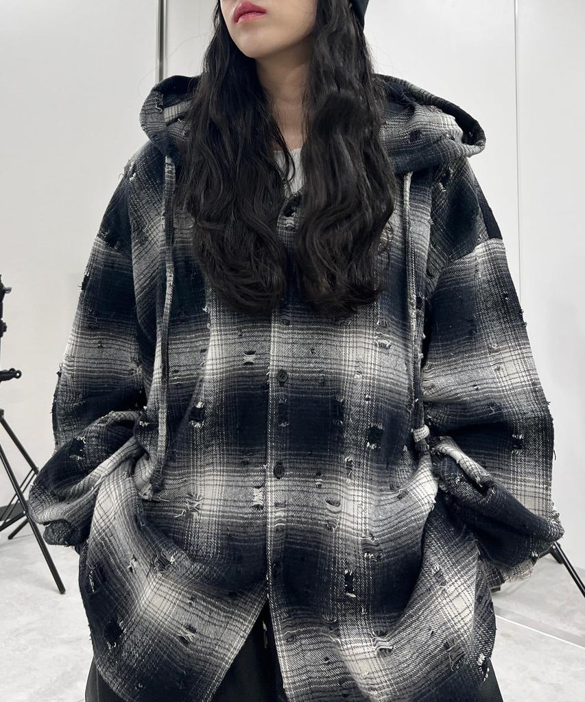 WEGO Figments Distressed Hooded Check Long Sleeve Size Black Shirt, Streetwear, Shirt, Gift, Women's, F,